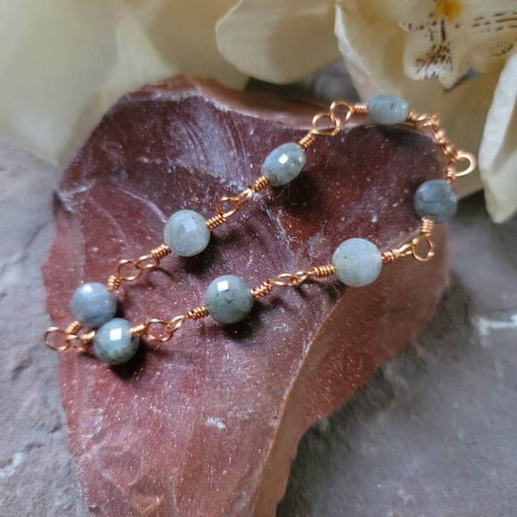 Handmade Labradorite Bronze Wire Wrapped Chain Bracelet Natural Gemstone Jewelry - Picture 8 of 8